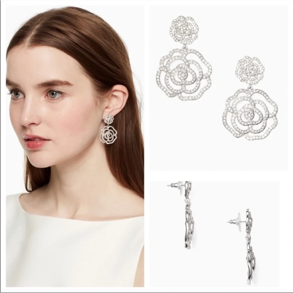 Kate Spade Crystal Flowers Rose Drop Dangle Earrings NWT Super Rare